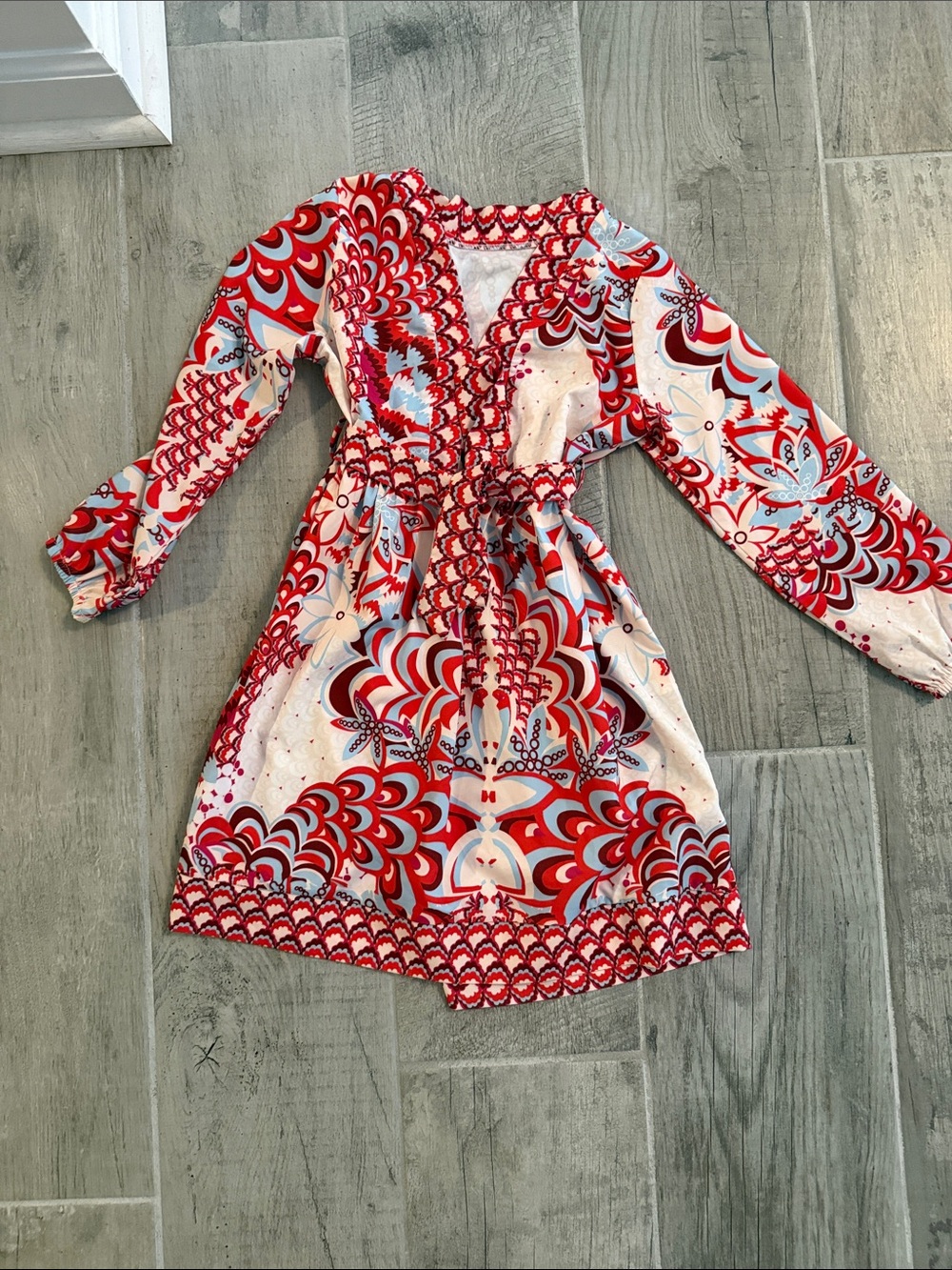 SHEIN Red, White & Light Blue Printed Long-Sleeve Girls Dress